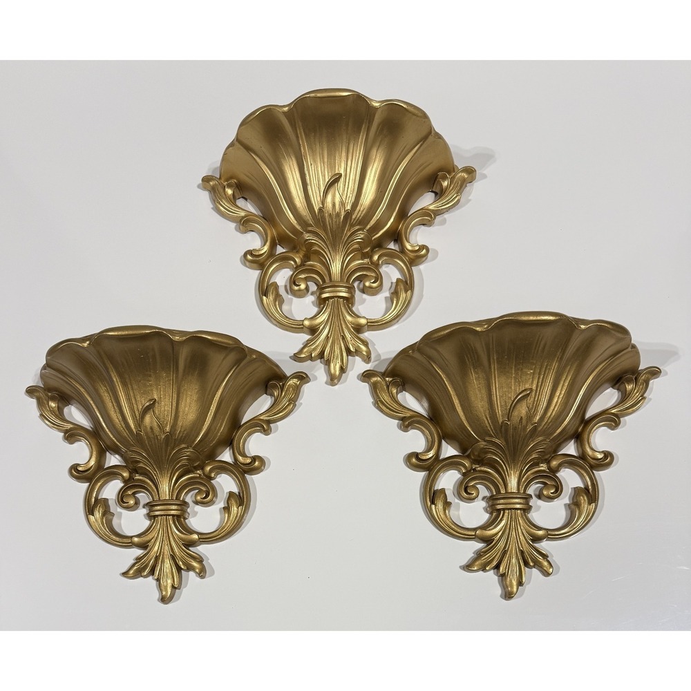 HOMCO SYROCO 3 Gold Wall Pocket Planters Fleur de Lis Hollywood Regency 1963 MCM